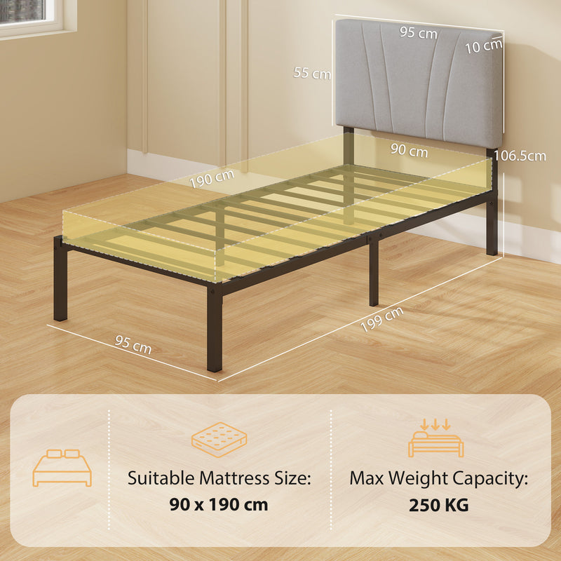 Single Bed Frame with Padded Headboard and 26 cm Underbed Storage Space Black Homcom