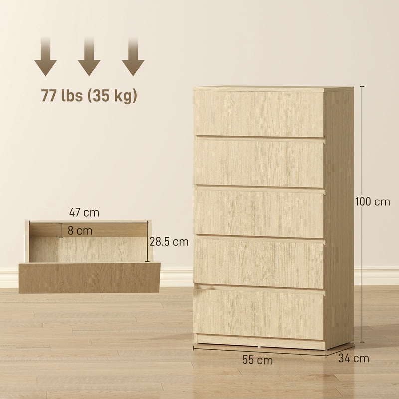 Chest of Drawers with 5 Spacious Handleless Drawers for Bedroom Storage Natural Wood AOSOM