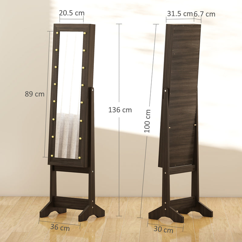 Full Length Jewellery Cabinet Mirror with LED Lights and Adjustable Angle, Dark Brown