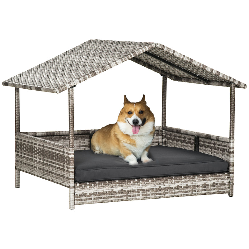 Dark Grey Wicker Dog House Rattan Pet Bed With Removable Cushion and Canopy by PawHut