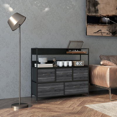 Rustic Chest of 5 Fabric Drawers with Metal Frame Black by HOMCOM