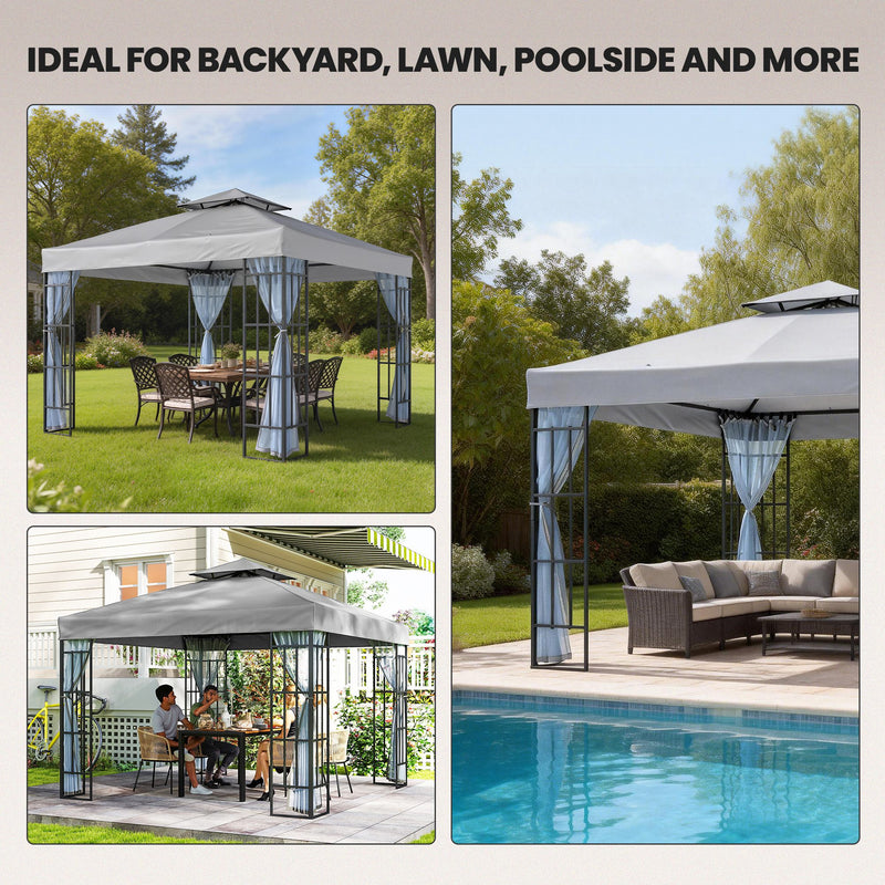 3x3m Garden Gazebo with Mesh Netting for Shaded Outdoor Entertaining, Light Grey Outsunny