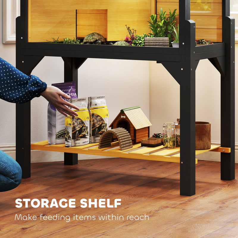 Wooden Tortoise House with Openable Top Clear Windows and Storage Shelf Yellow