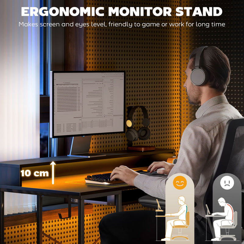 Reversible Computer Desk with LED Lights and Power Outlets 120 cm Gaming Desk with Storage by HOMCOM