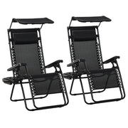 Black Foldable Zero Gravity Reclining Garden Chairs With Canopy and Cup Holder Set of 2
