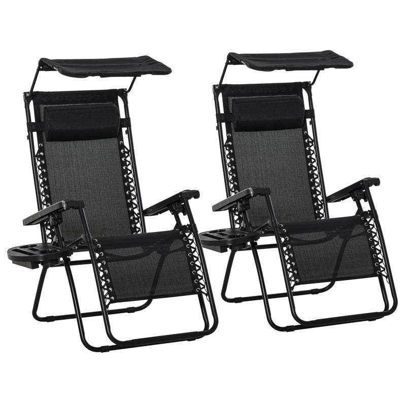 Black Foldable Zero Gravity Reclining Garden Chairs With Canopy and Cup Holder Set of 2