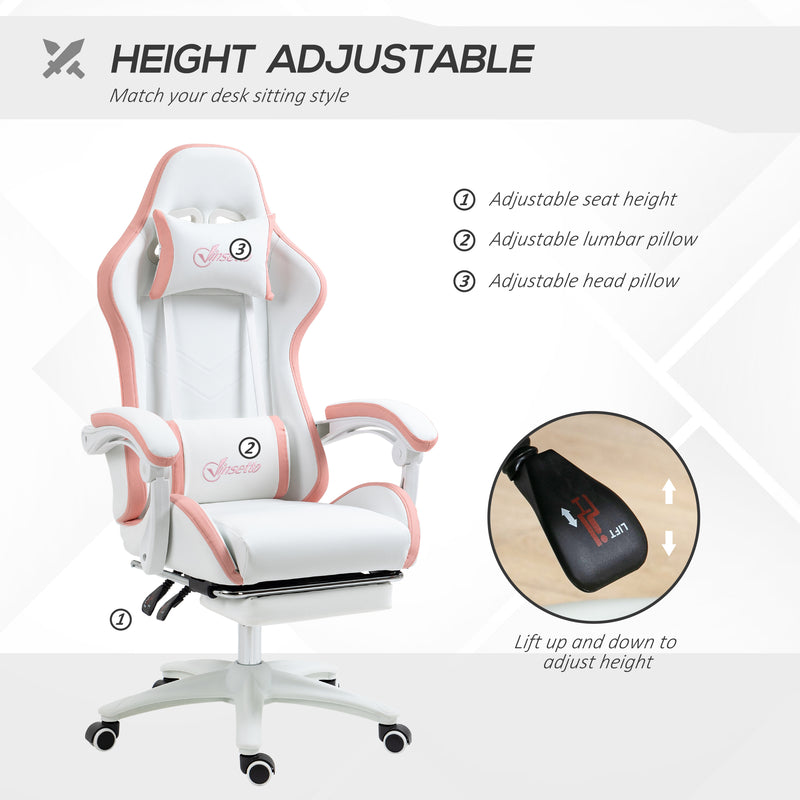 White and Pink Gaming Chair for Adults with Footrest Lumbar Support and Reclining Back