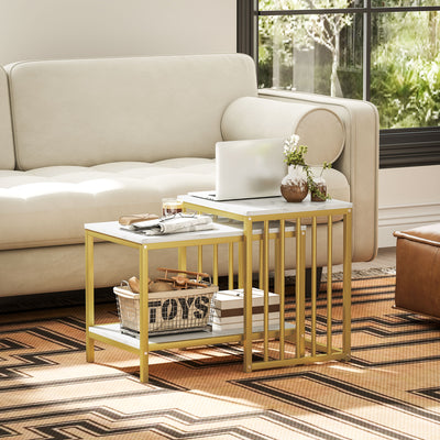 Set of Two Marble Effect Nesting Coffee Tables with Gold Steel Frame by HOMCOM