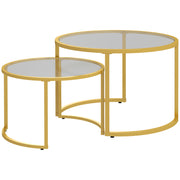 Nest of 2 Modern Round Coffee Tables with Tempered Glass Top and Gold Steel Frame for Living Room