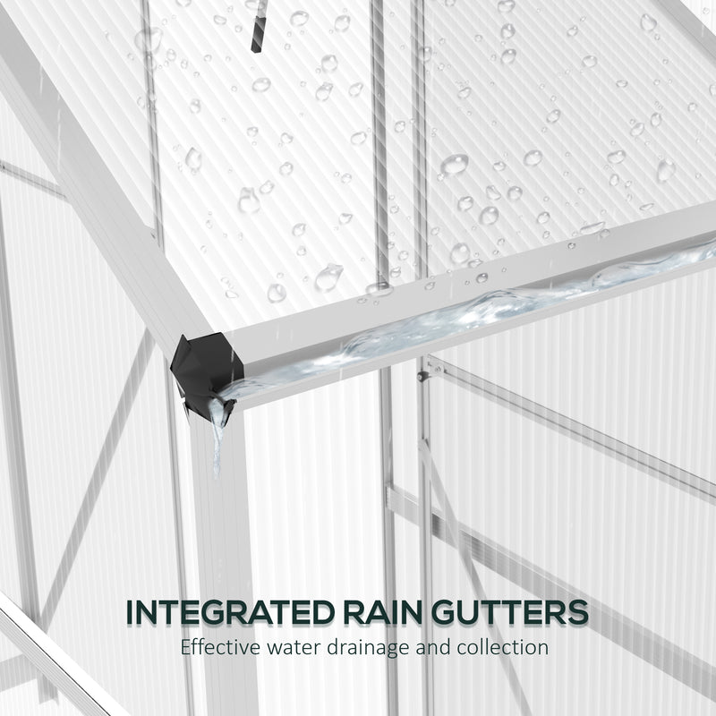 Walk In Polycarbonate Greenhouse With Sliding Door Rain Gutter And Base Frame Silver