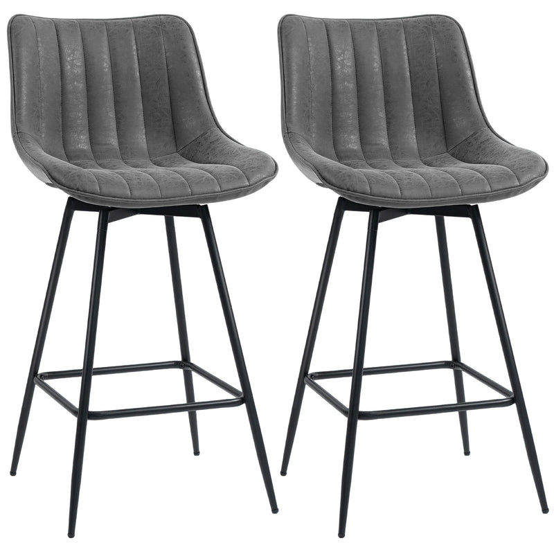 Set of 2 Faux Leather Swivel Bar Stools with Adjustable Height for Kitchen Island Grey