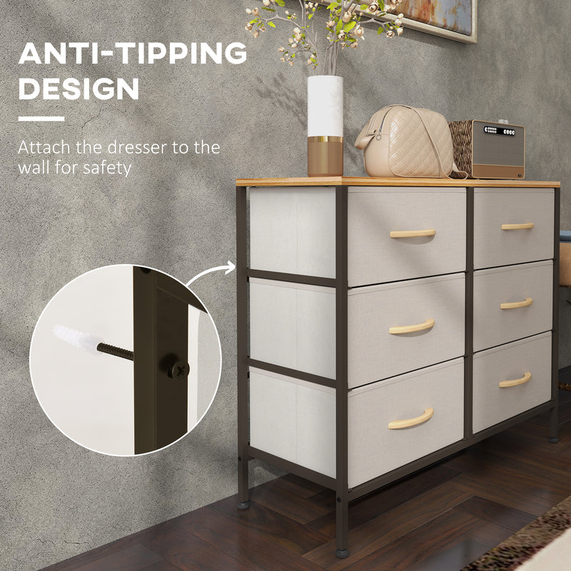 Cream White Fabric Chest of Drawers with 6 Storage Drawers and Wooden Top by HOMCOM