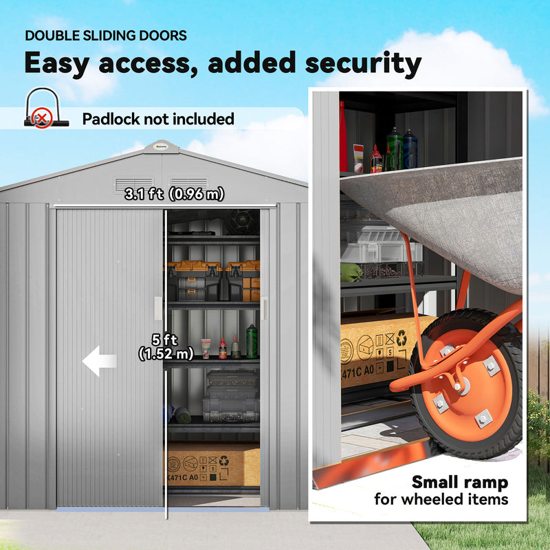 Metal Garden Storage Shed with Lockable Sliding Doors and Weatherproof Steel Light Grey