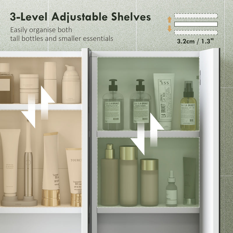 Wall Mounted Bathroom Cabinet With Triple Mirror Doors And Shelves For Storage, White