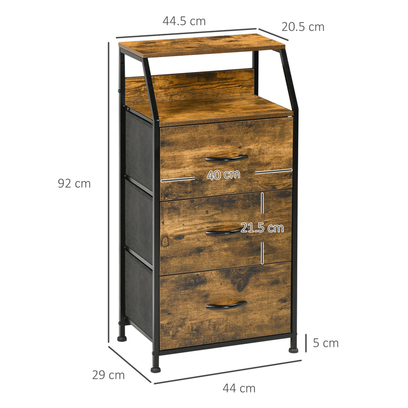 Industrial Storage Cabinet With 3 Fabric Drawers And Open Shelves For Living Room, Rustic Brown