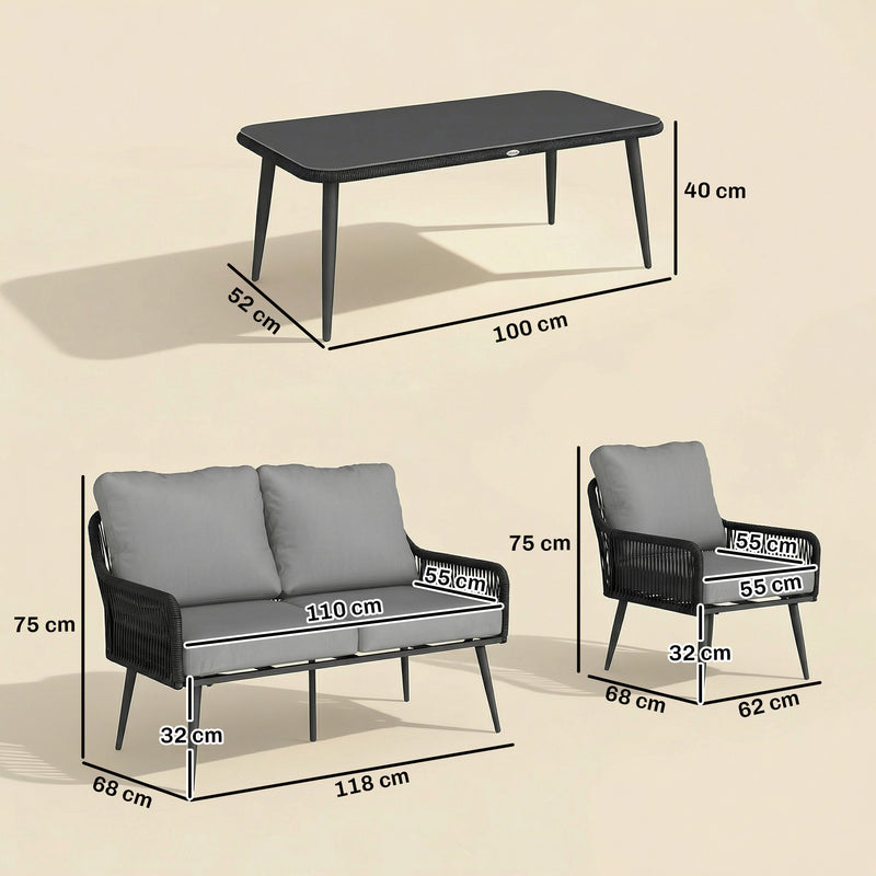 Rattan Garden Furniture Set 4 Piece With Cushions for Comfortable Outdoor Seating Black/Grey Outsunny