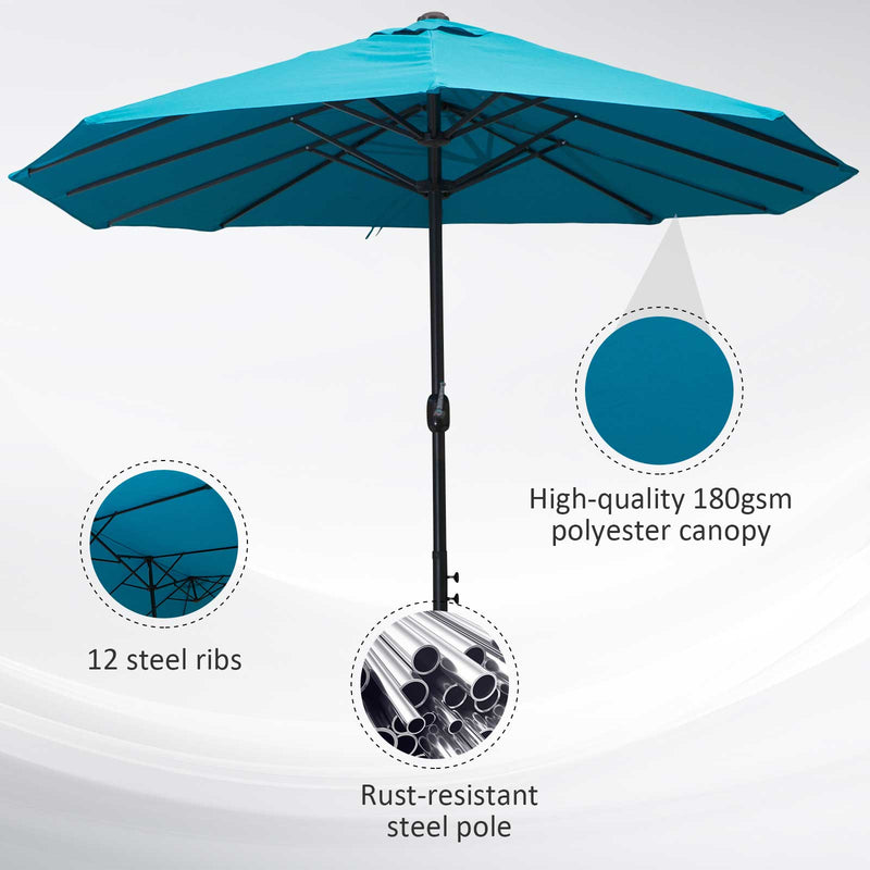 Sky Blue 4.6m Double Garden Parasol With Crank Handle For Large Outdoor Shade