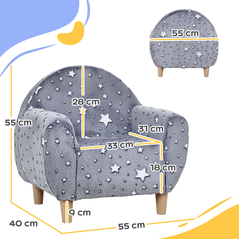 Kids Glow in the Dark Armchair with Star Design Ideal for Bedroom or Playroom, Grey