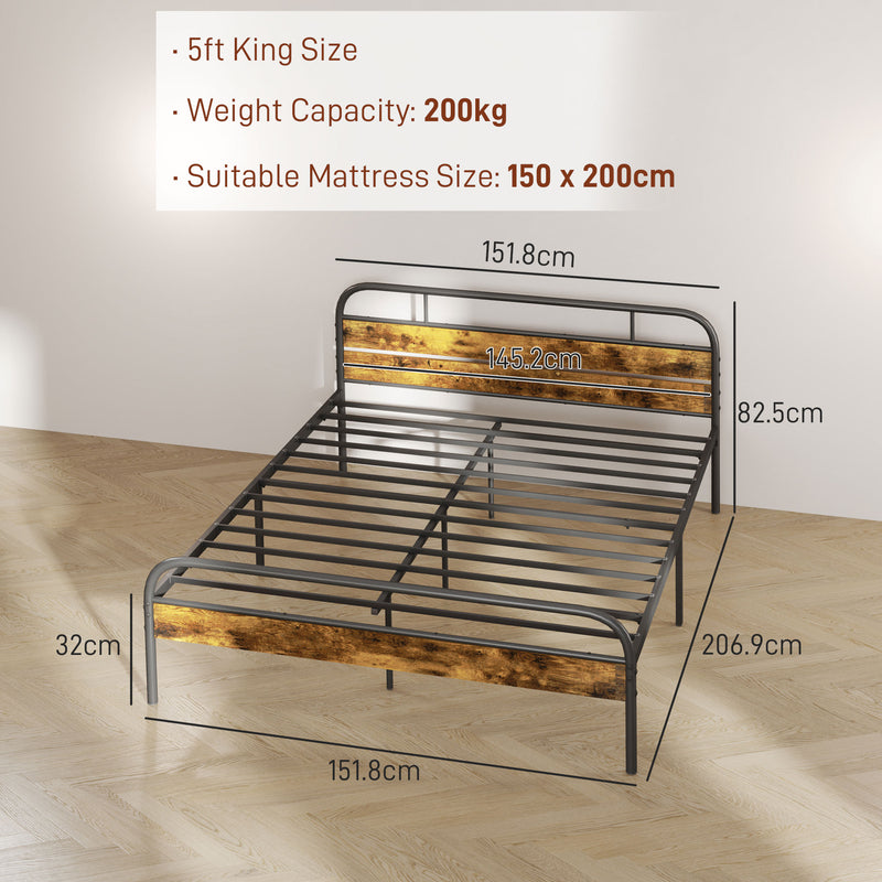 Industrial Style King Size Bed Frame Black and Brown Sturdy Metal and Wood by HOMCOM