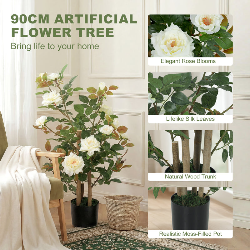 Artificial Rose Tree 90 cm for Indoor or Outdoor Year Round Display White AOSOM