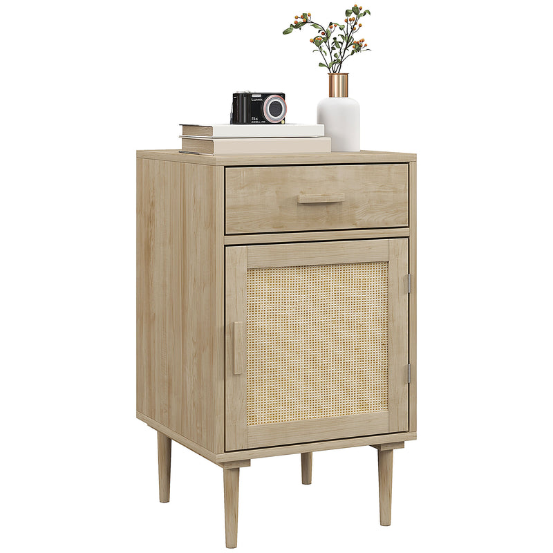 Boho Rattan Bedside Table With Drawer And Adjustable Shelf For Bedroom Storage Natural