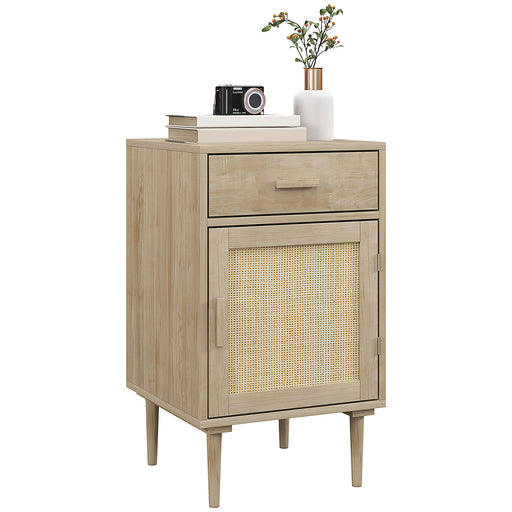 Boho Rattan Bedside Table With Drawer And Adjustable Shelf For Bedroom Storage Natural