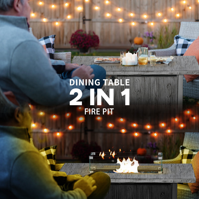 Grey Gas Firepit Table with Glass Screen and Cover 50000 BTU for Garden Heating