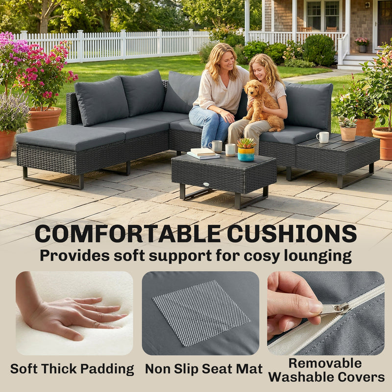 Adjustable Garden Corner Sofa Set with Reclining Backrest and Removable Cushions For Outdoor Relaxation, Dark Grey