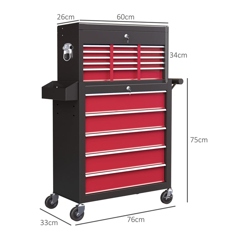 14 Drawer Rolling Tool Chest with Top Box for Garage Storage and Organisation Red