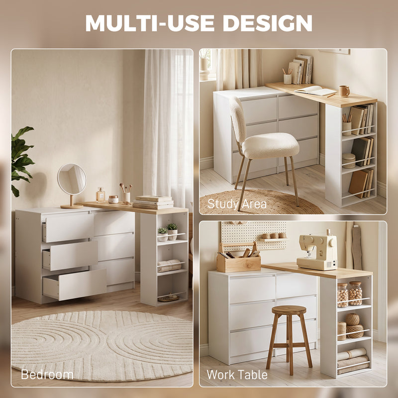 Dressing Table with 6 Drawers and 3 Shelves for Organised Bedrooms White Natural Wood Finish