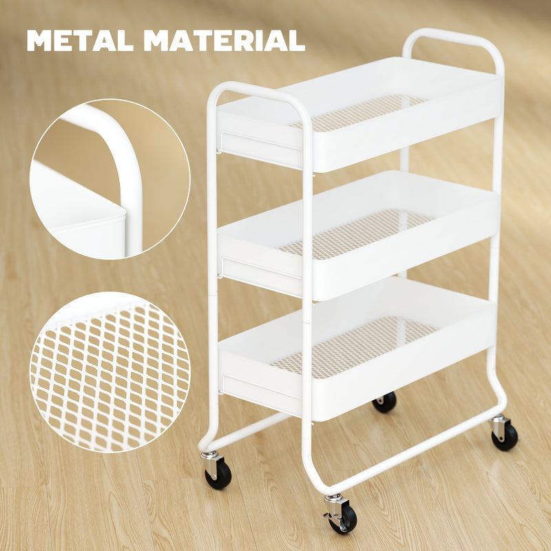 3 Tier Rolling Storage Trolley with Mesh Baskets Ideal for Kitchen or Bathroom White