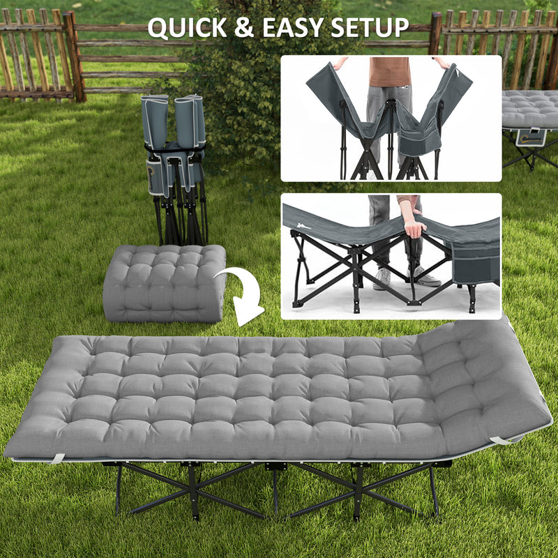 Folding Camp Bed with Thick Mattress and Side Pocket for Outdoor Relaxing Light Grey