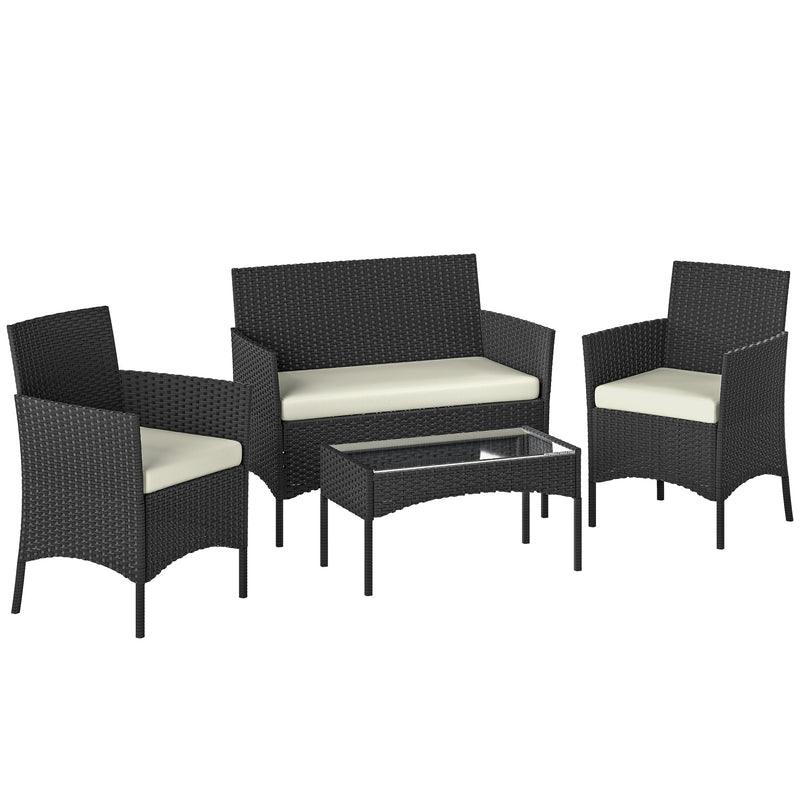 Rattan Garden Furniture Set for 4 with Cushions and Glass Coffee Table Cream White Outsunny