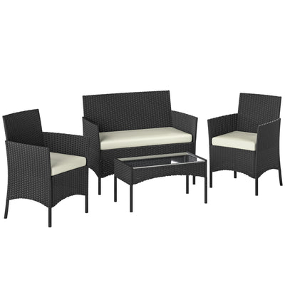Rattan Garden Furniture Set for 4 with Cushions and Glass Coffee Table Cream White Outsunny
