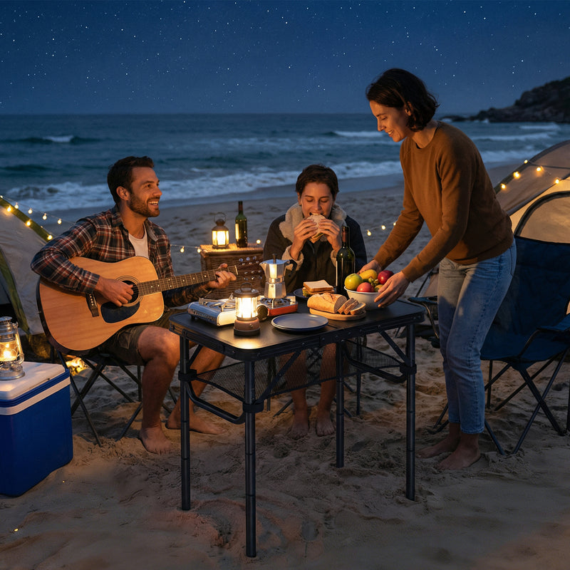 Folding Camping Table with Adjustable Height and Mesh Shelf for Picnics and BBQs Black