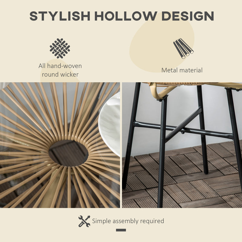 Beige Rattan Round Garden Side Table With Tempered Glass Top For Patio Balcony Or Outdoor Use