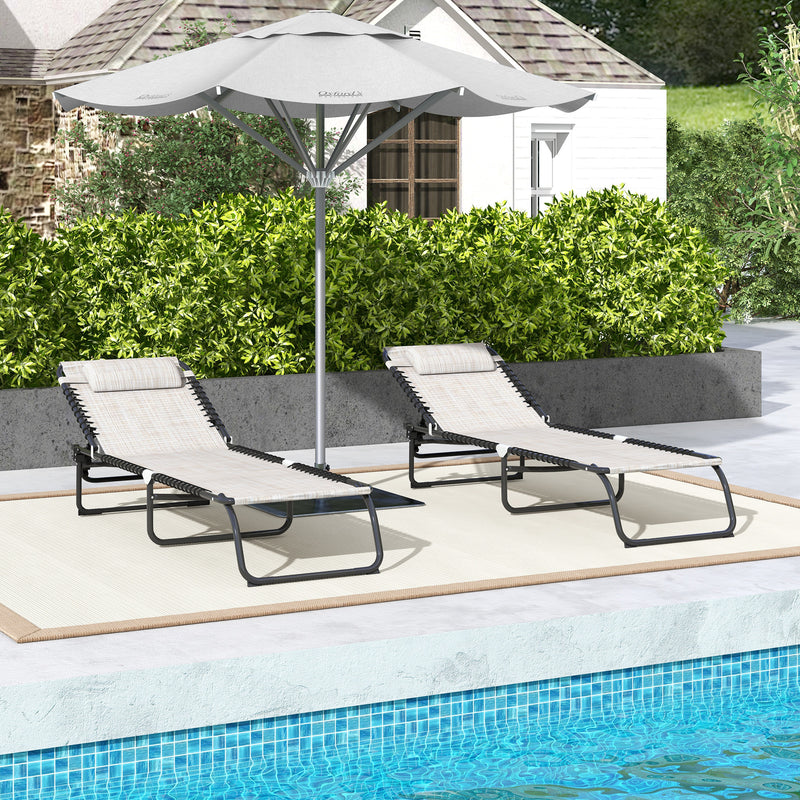 Set of 2 Cream Folding Sun Loungers with Pillow and Adjustable Backrests for Garden or Patio Outsunny