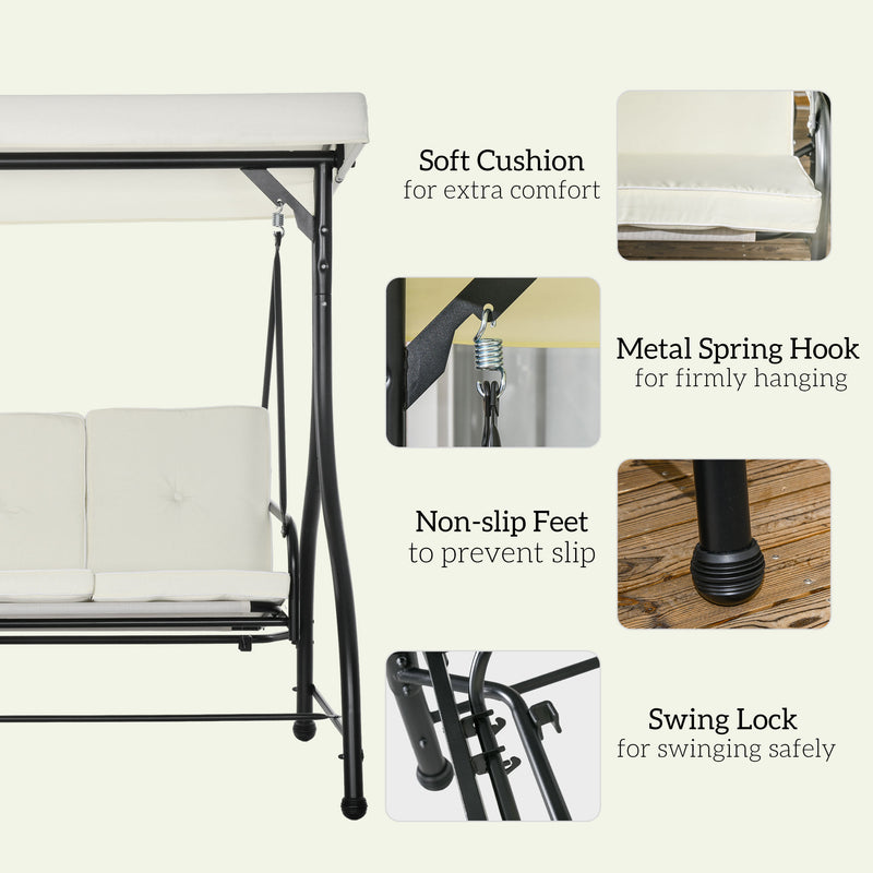 3 Seater Garden Swing Chair with Adjustable Canopy and Metal Frame Cream White by Outsunny