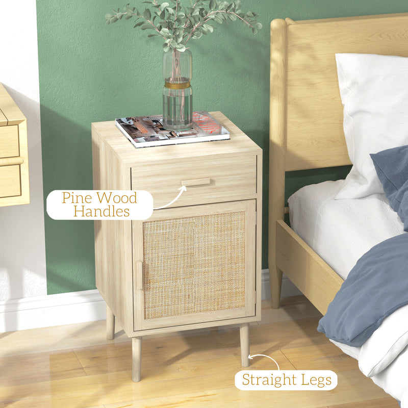 Set of 2 Rattan Bedside Tables with Drawer and Cabinet for Bedroom Storage Natural Wood