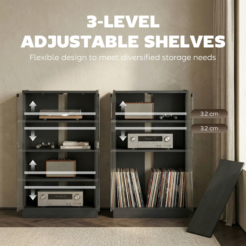 Record Player Stand With Adjustable Shelves and Glass Doors for Tidy Media Storage Black Wood-Effect