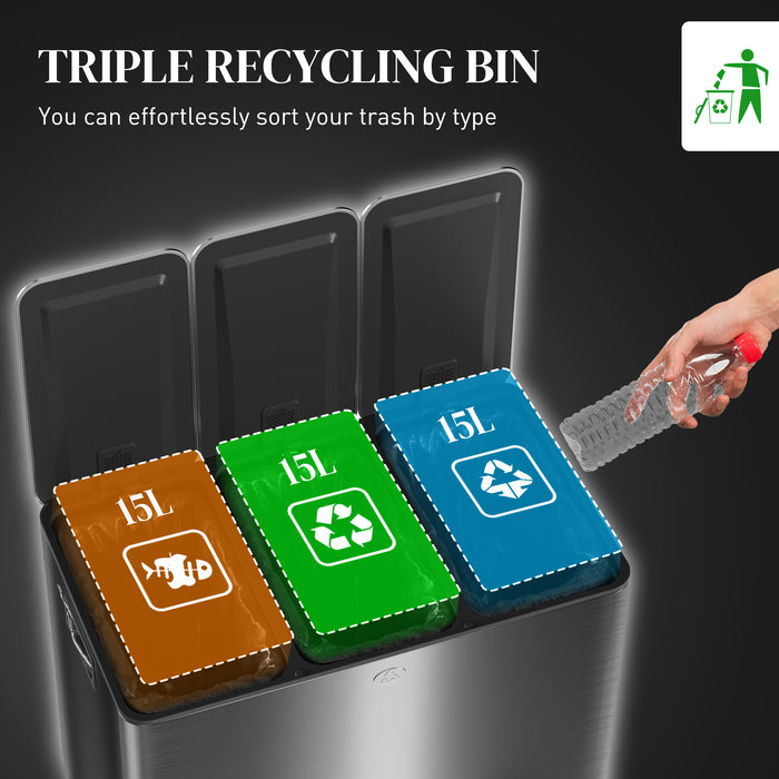 Black 45L Triple Kitchen Pedal Bin with Soft Close Lid and Removable Inner Buckets by HOMCOM