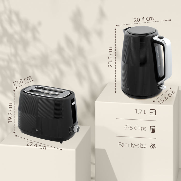 Black 1.7L 3000W Fast Boil Cordless Kettle and 2 Slice Toaster Set With 7 Browning Levels by HOMCOM