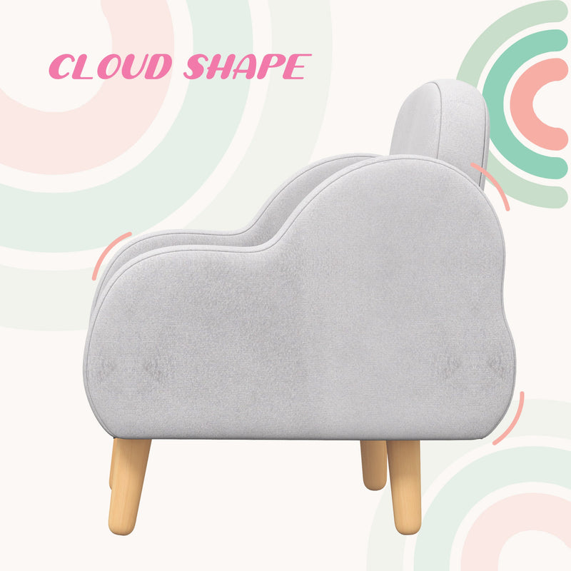 Kids Cloud Shaped Armchair with Wooden Frame and Velvet Upholstery for Toddlers, Grey
