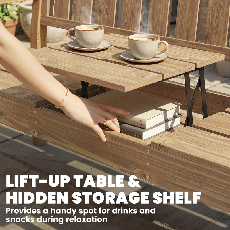 Wooden Garden Bench with Lift-Up Table and Hidden Storage for Outdoor Seating Teak AOSOM
