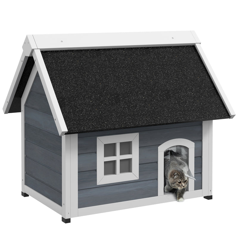Wooden Outdoor Cat House Shelter with Openable Roof and Escape Doors for Feral Cats, Grey