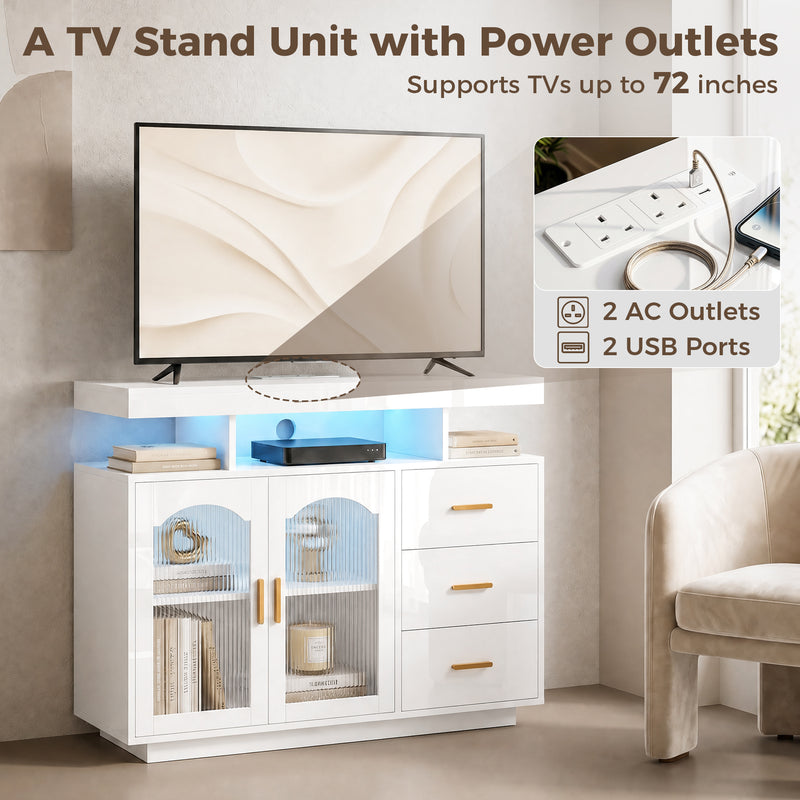 Sideboard with Flexible Storage and Built In Power Hub for Living or Dining Room White