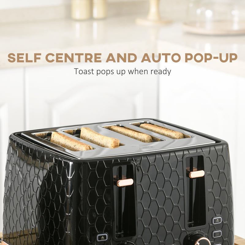 Fast Boil Kettle and 4 Slice Toaster Set with Adjustable Browning Control Black