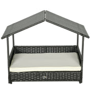 Extendable Elevated Rattan Dog Bed with Roof and Removable Cushion for Outdoors Cream