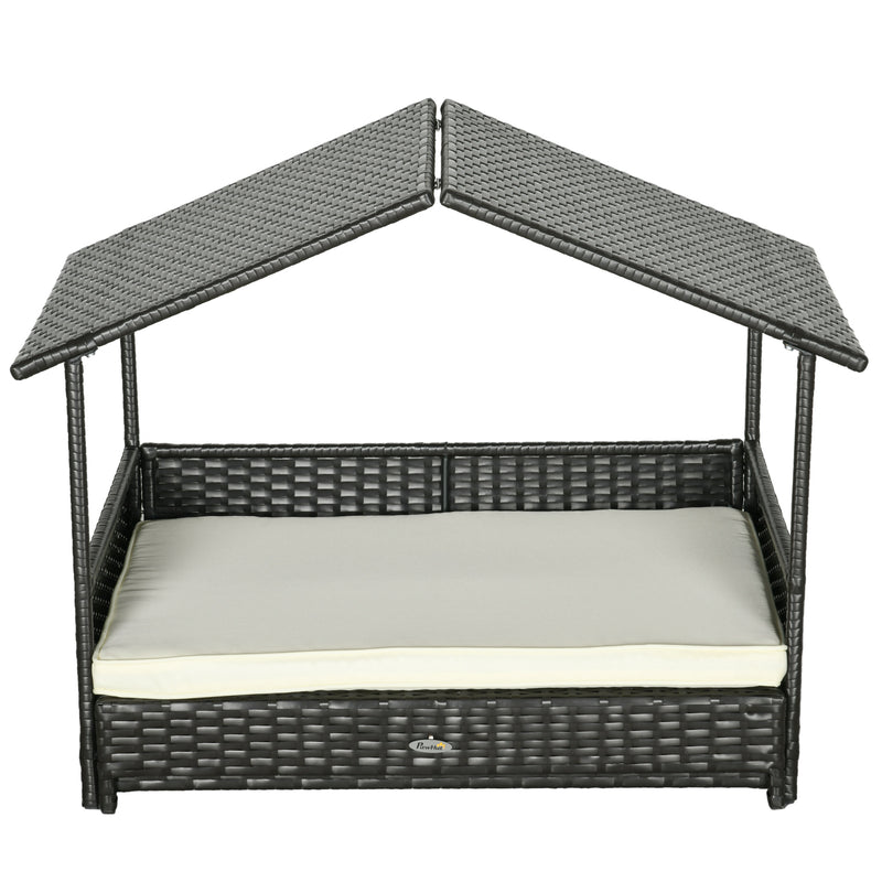 Extendable Elevated Rattan Dog Bed with Roof and Removable Cushion for Outdoors Cream