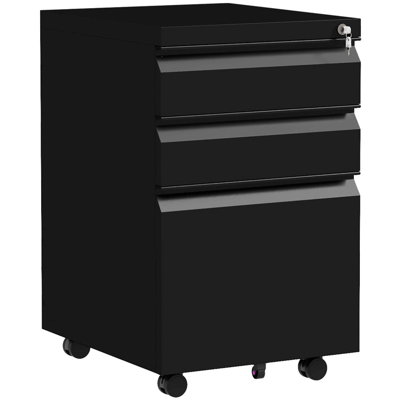 3 Drawer Steel Filing Cabinet With Lock For A4 Legal And Letter Files On Wheels, Black